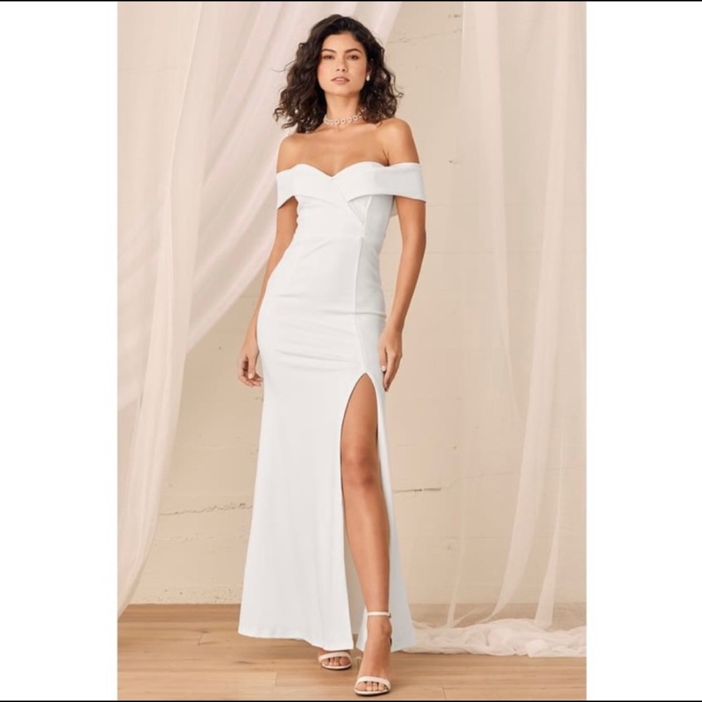 NWT Lulus “Song of Love” White Off-the-Shoulder Maxi Dress